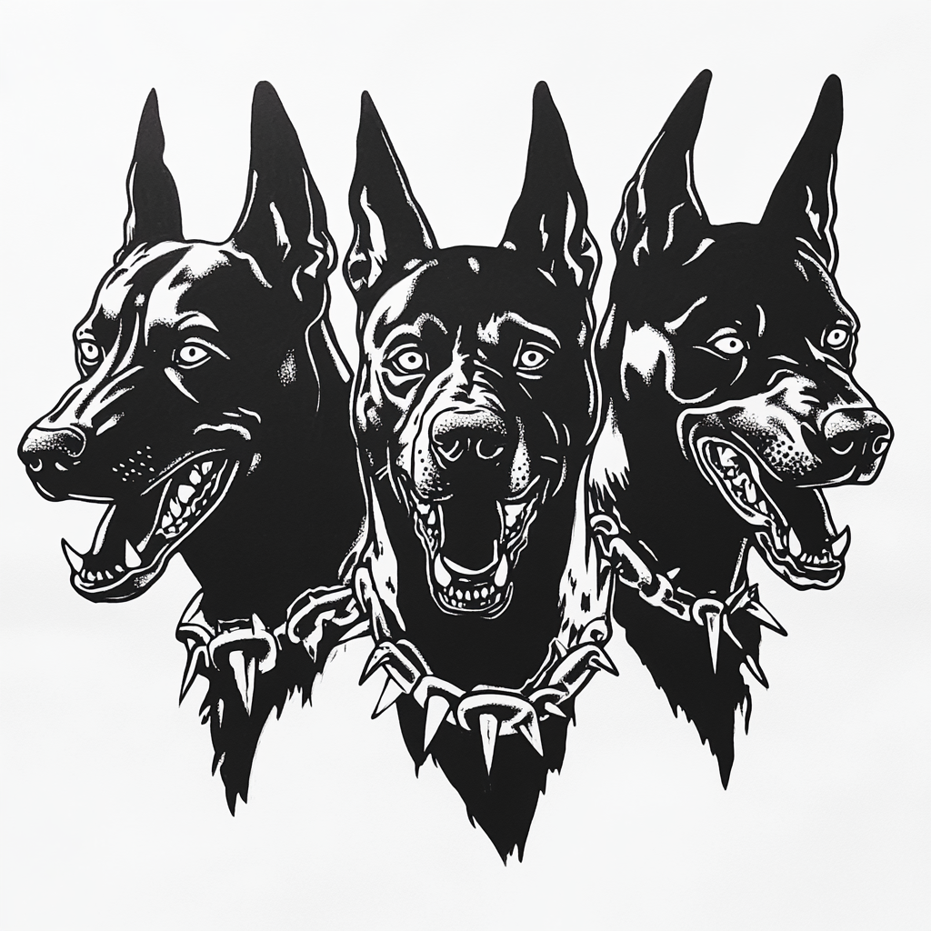 Three-headed Doberman on white background with spiked collar.