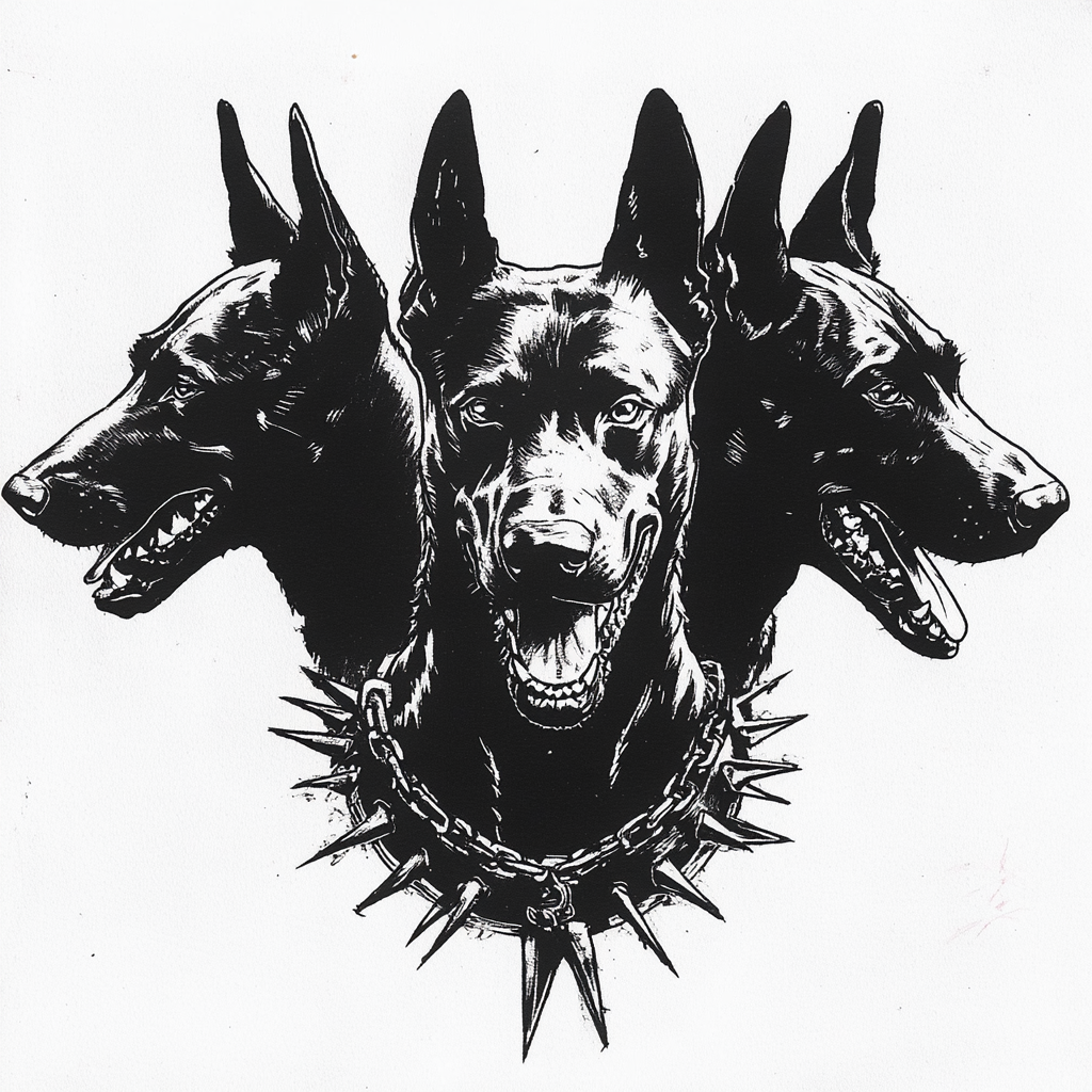 Three-headed black Cerberus tattoo stencil on white