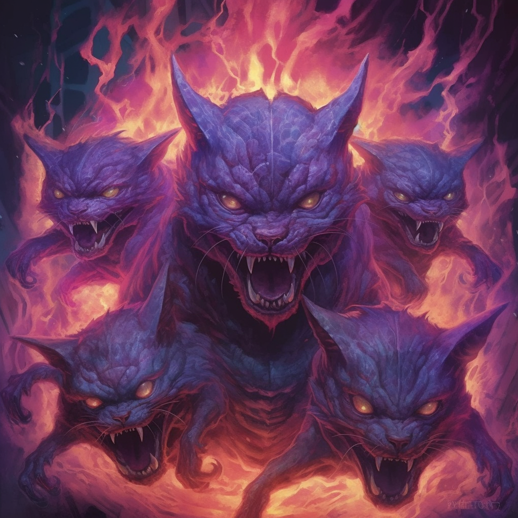 Three-headed demon cat in hell with purple flames.