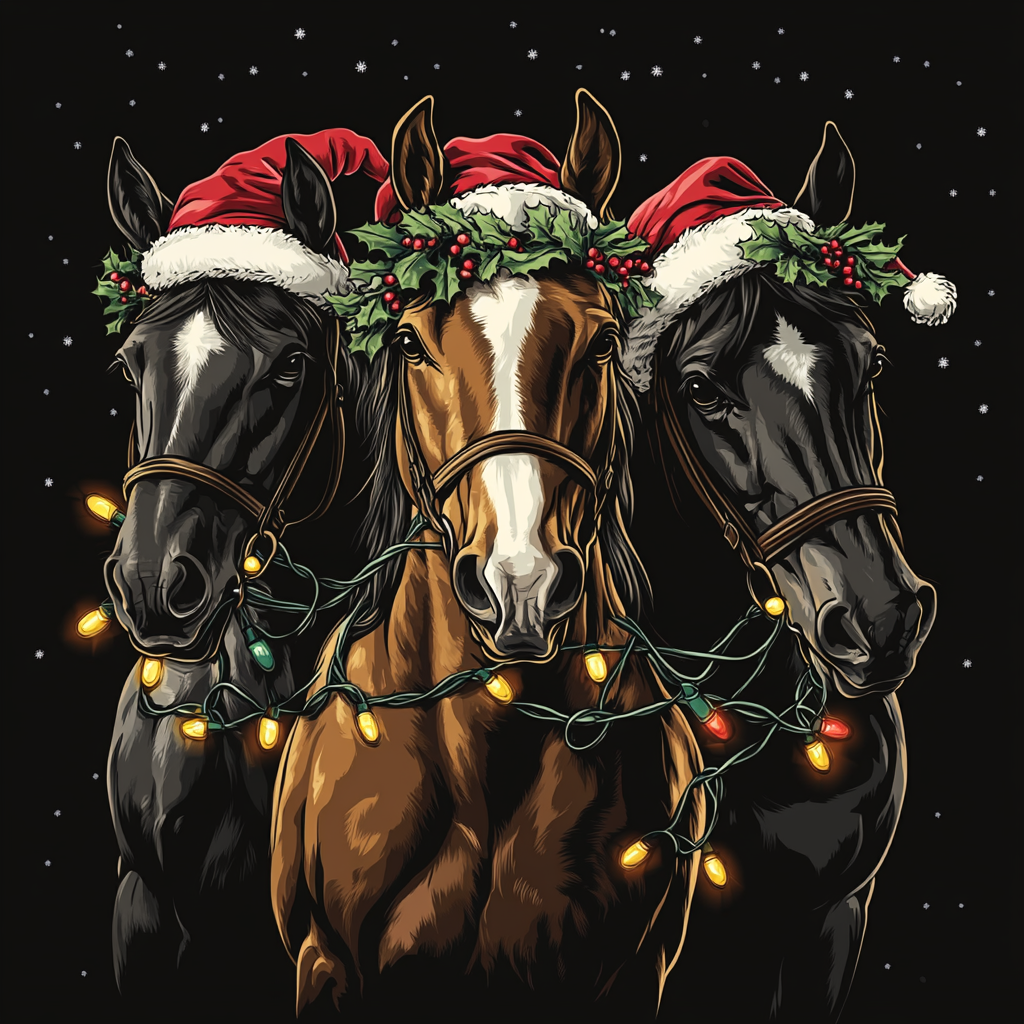 Three horses in Santa hats and lights play