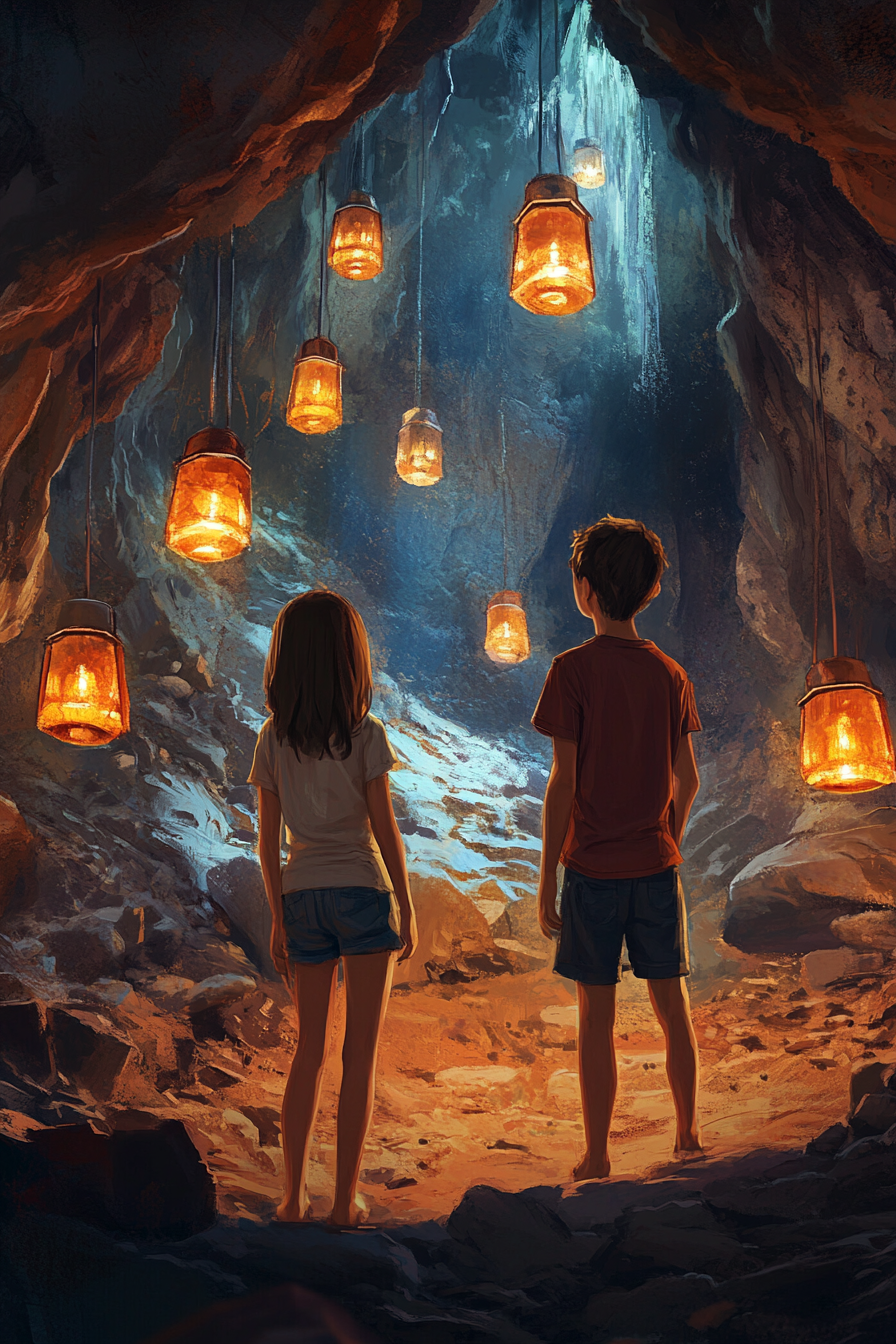 Three kids exploring colorful cave with lanterns