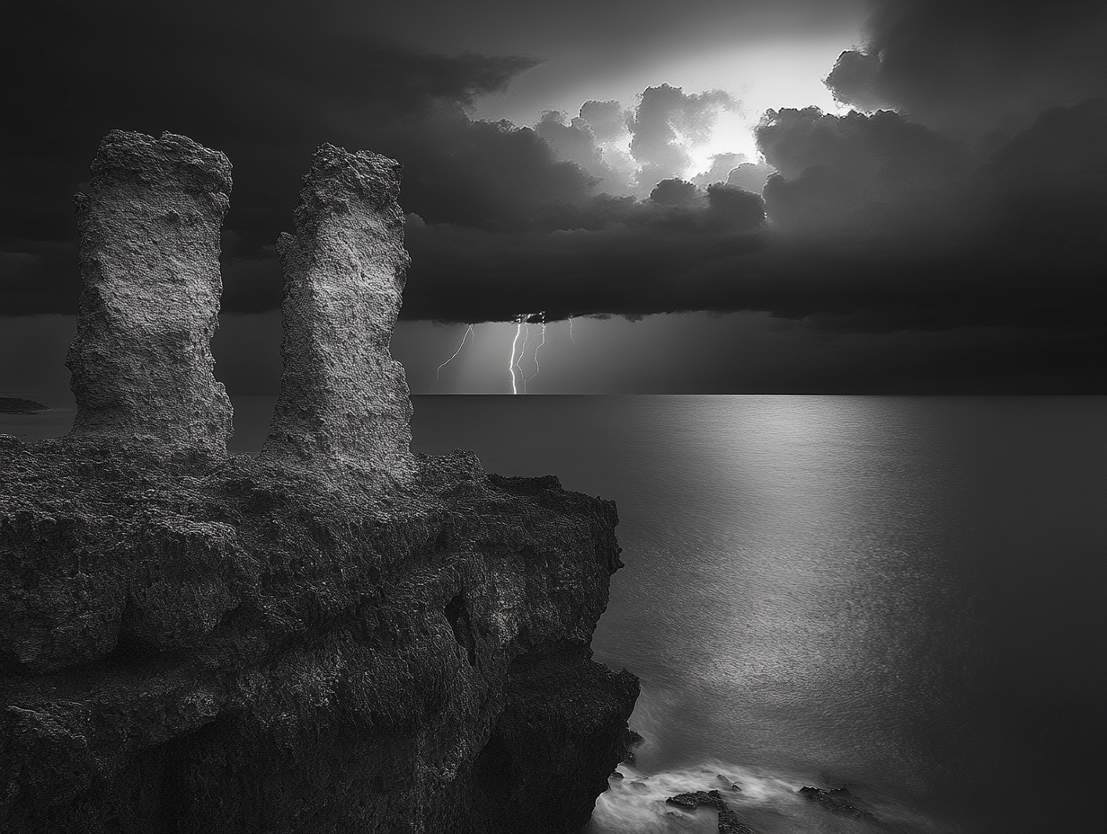 Three limestone rock pinacles in dramatic black and white.