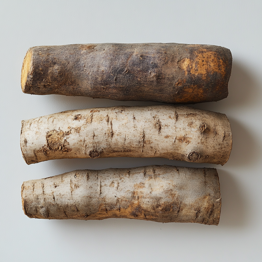 Three long, thick wild yams layered horizontally.