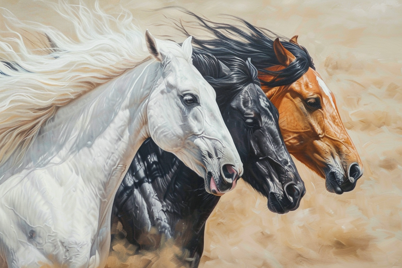 Three majestic horses in soft oil painting