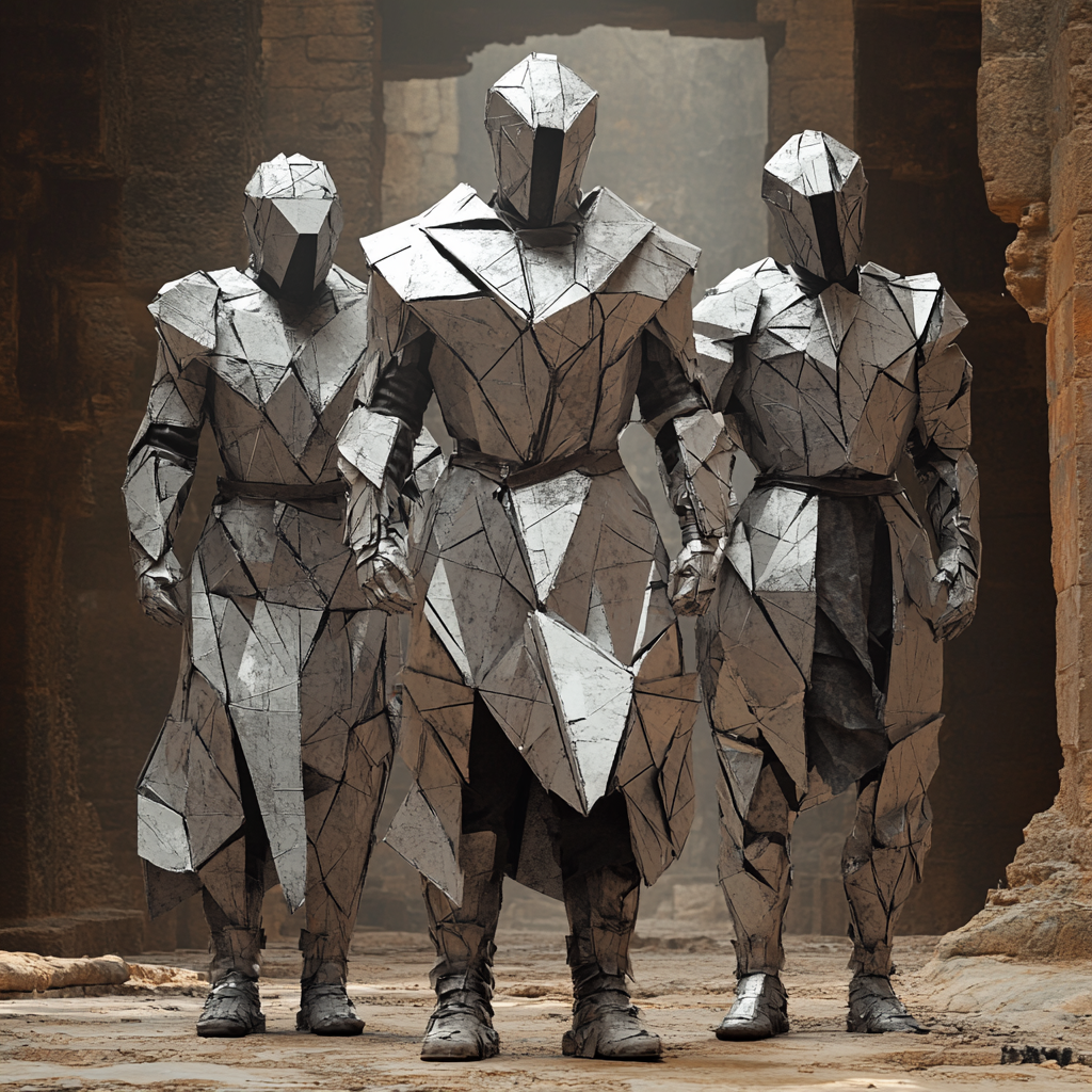 Three men in detailed geometric armor standing heroically