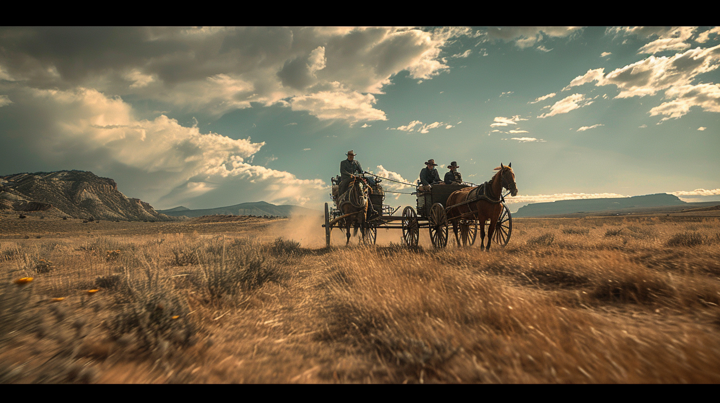 Three men riding horse-drawn buggy in cinematic style.