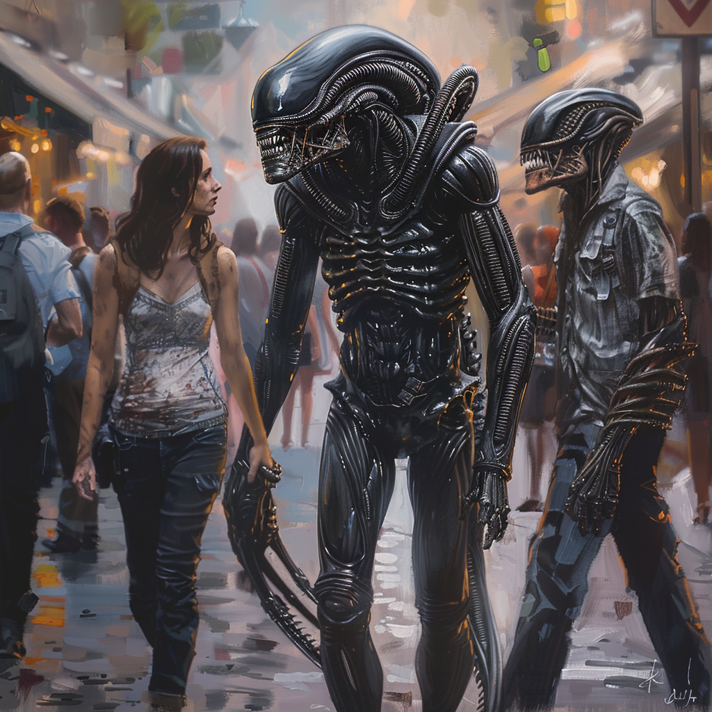 Three parties depicted - alien, predator, and woman.