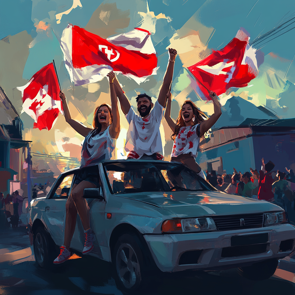 Three people holding Georgian flags celebrating football championship win.