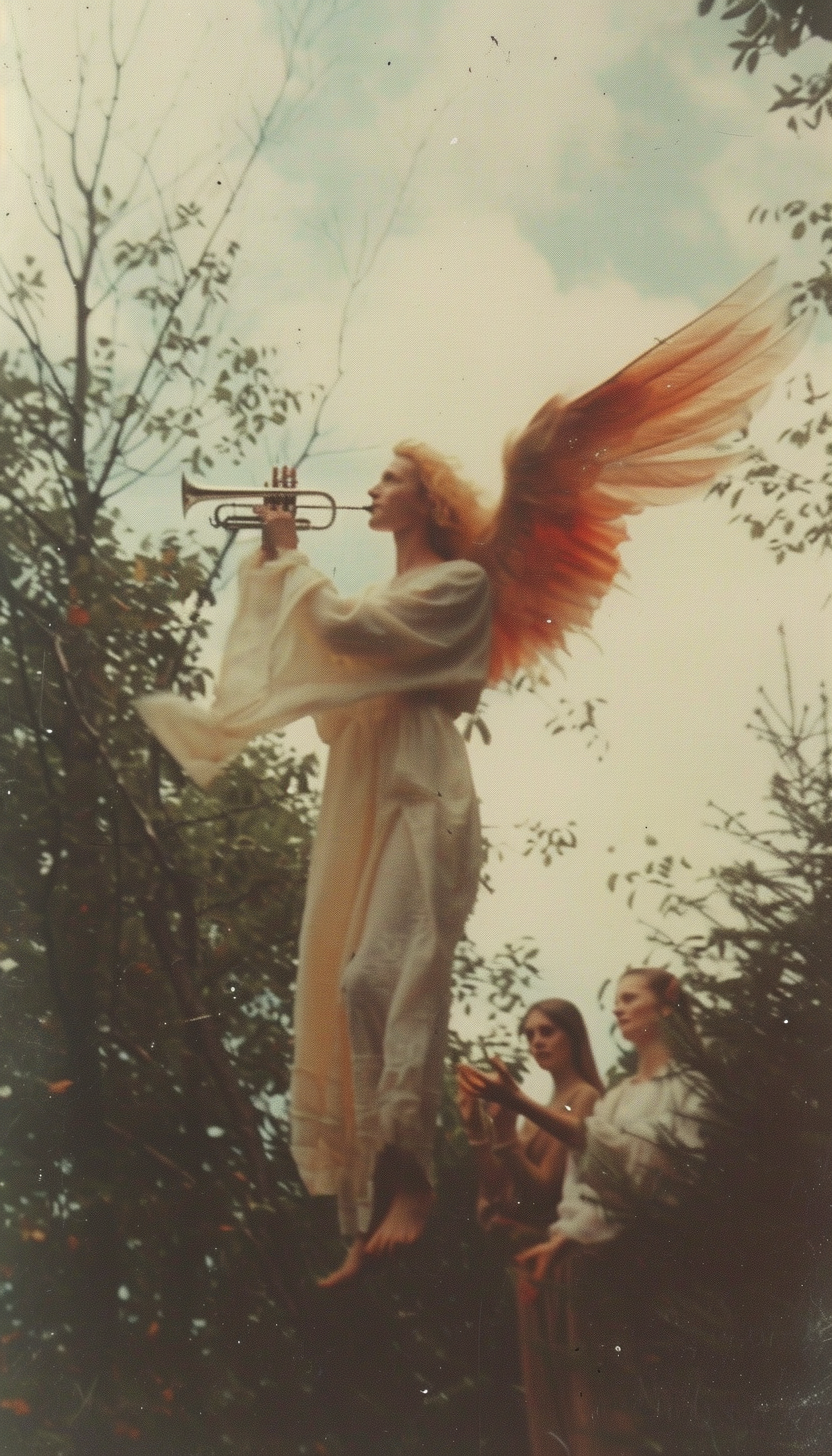 Three people in forest watching angel playing trumpet.