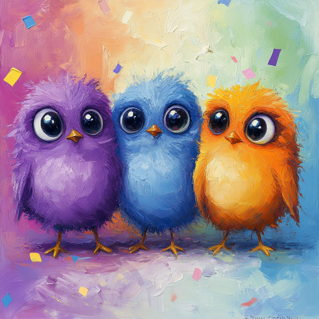 Three playful, colorful birds on vibrant rainbow background.