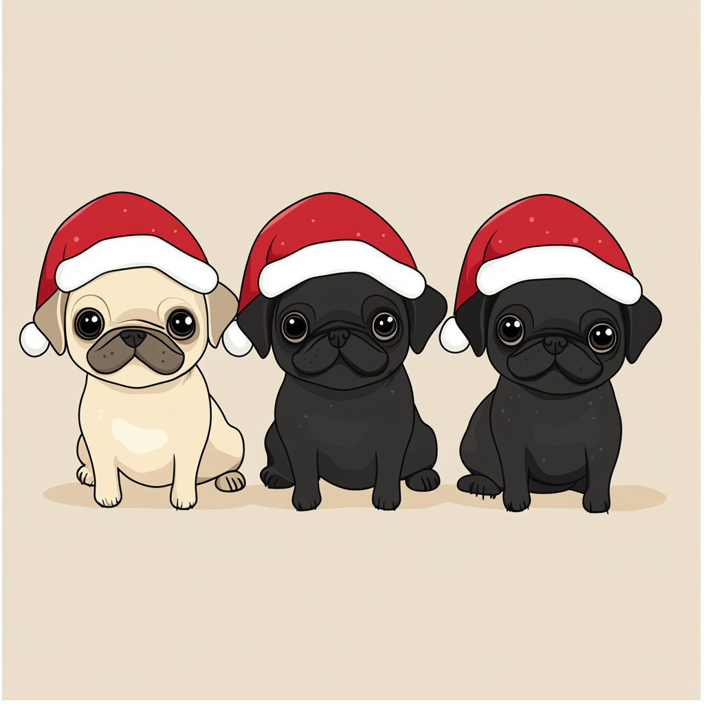 Three playful pugs in Santa hats, holiday clipart.