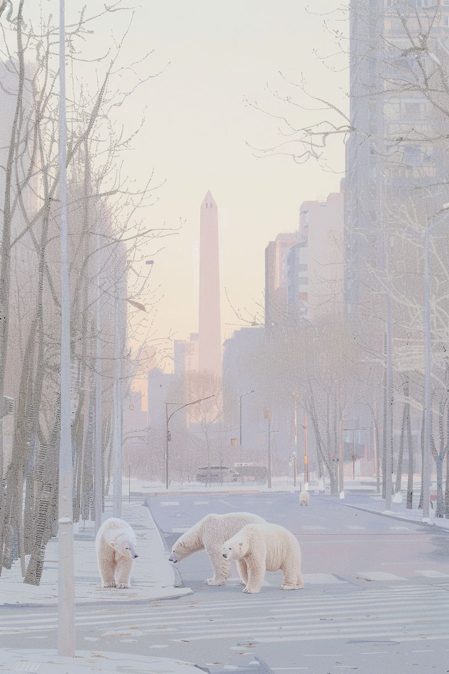 Three polar bears on street with Buenos Aires obelisk.