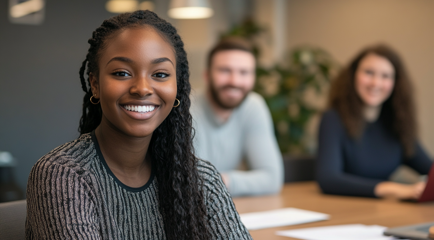 Three professionals meeting at office table, smiling. Nikon D850.