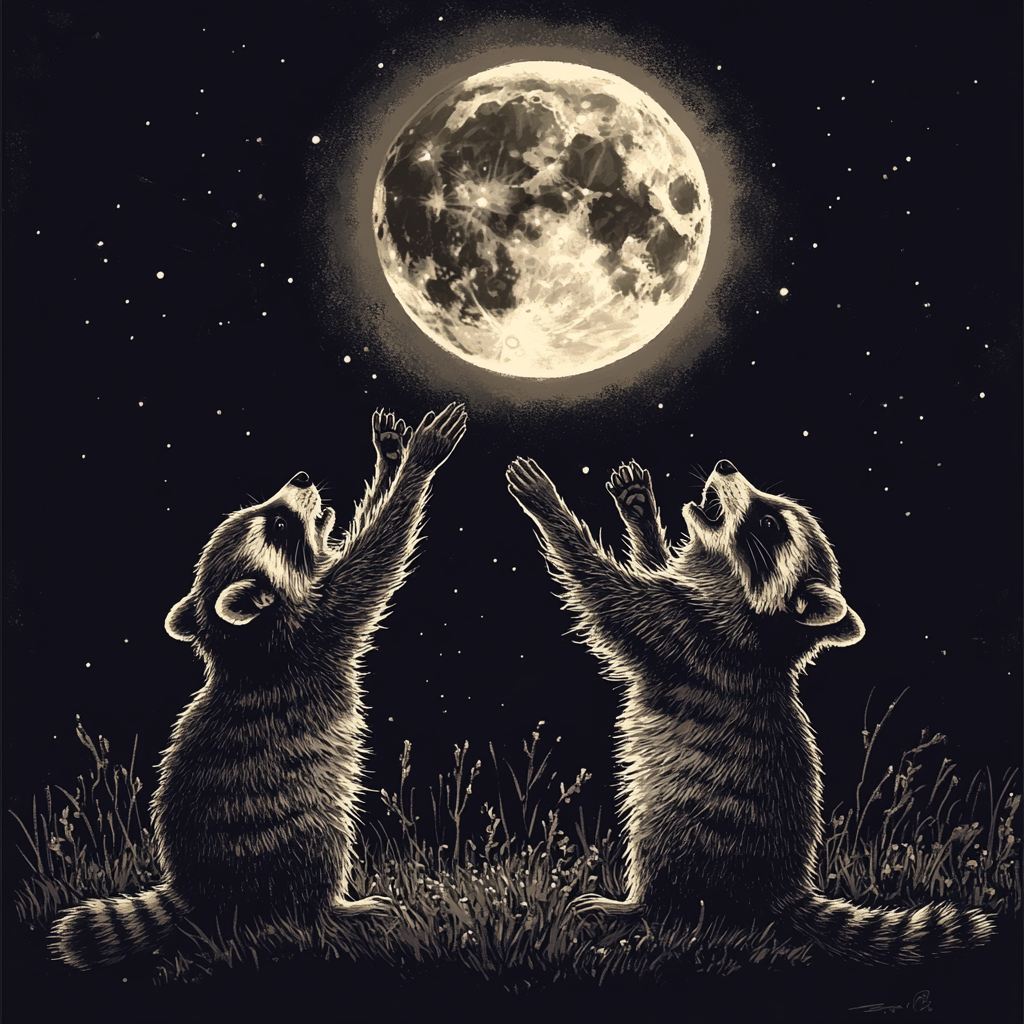 Three raccoons howling at moon in celestial clipart style.