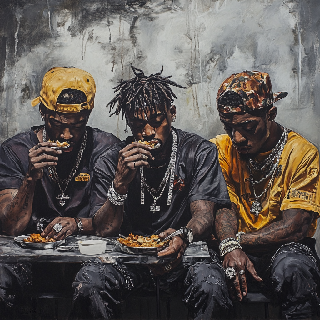 Three rappers sit, one uses silver spoon.