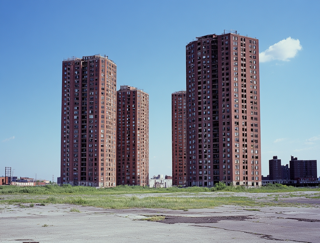 Three residential towers in Detroit with brutalist architecture.