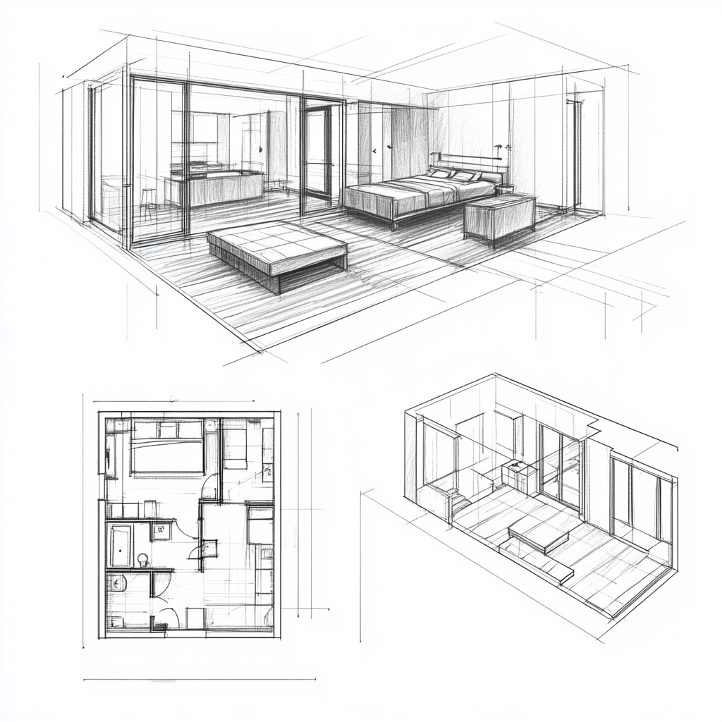 Three room floor plans, apartment with two bedrooms.