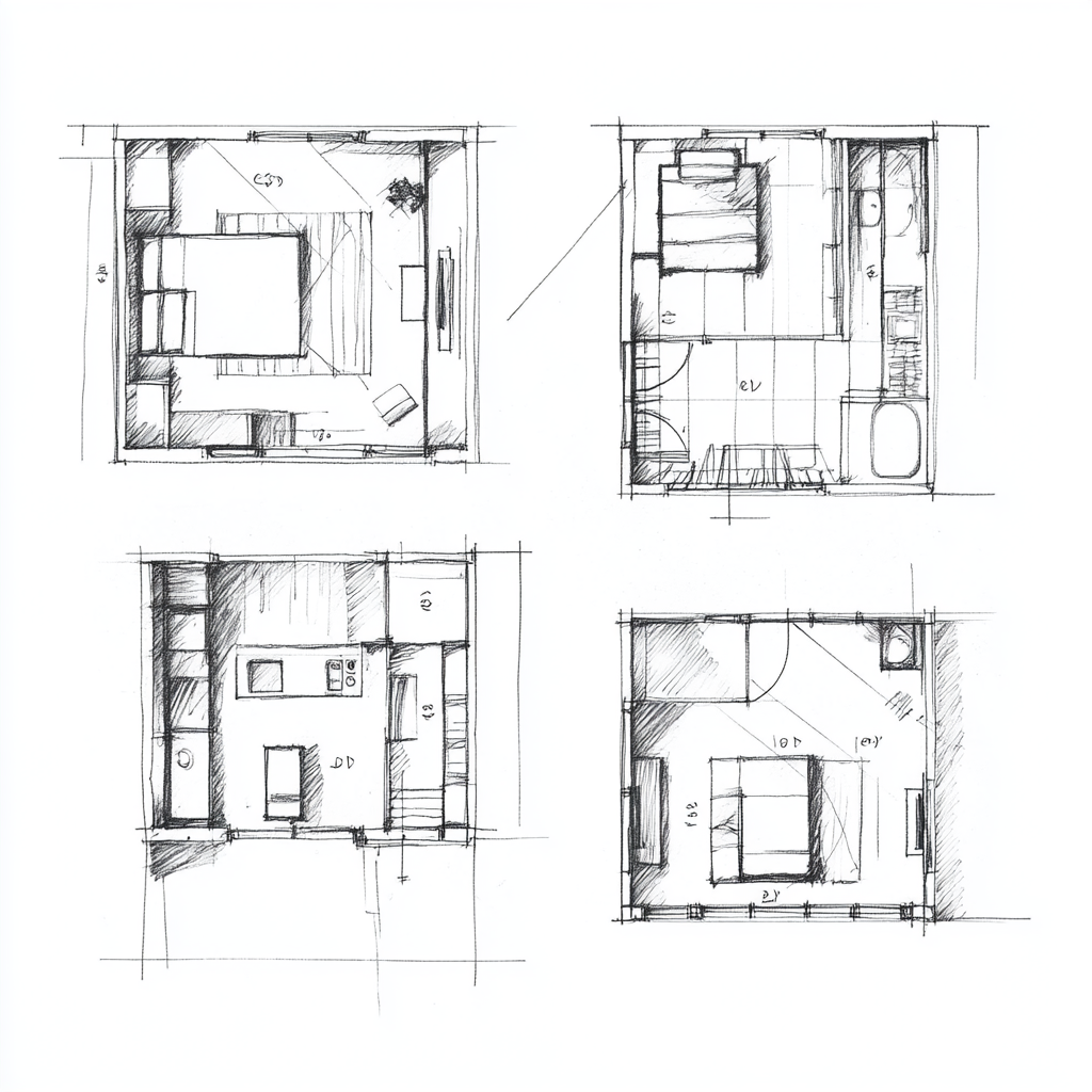 Three room floor plans, one with two bedrooms.