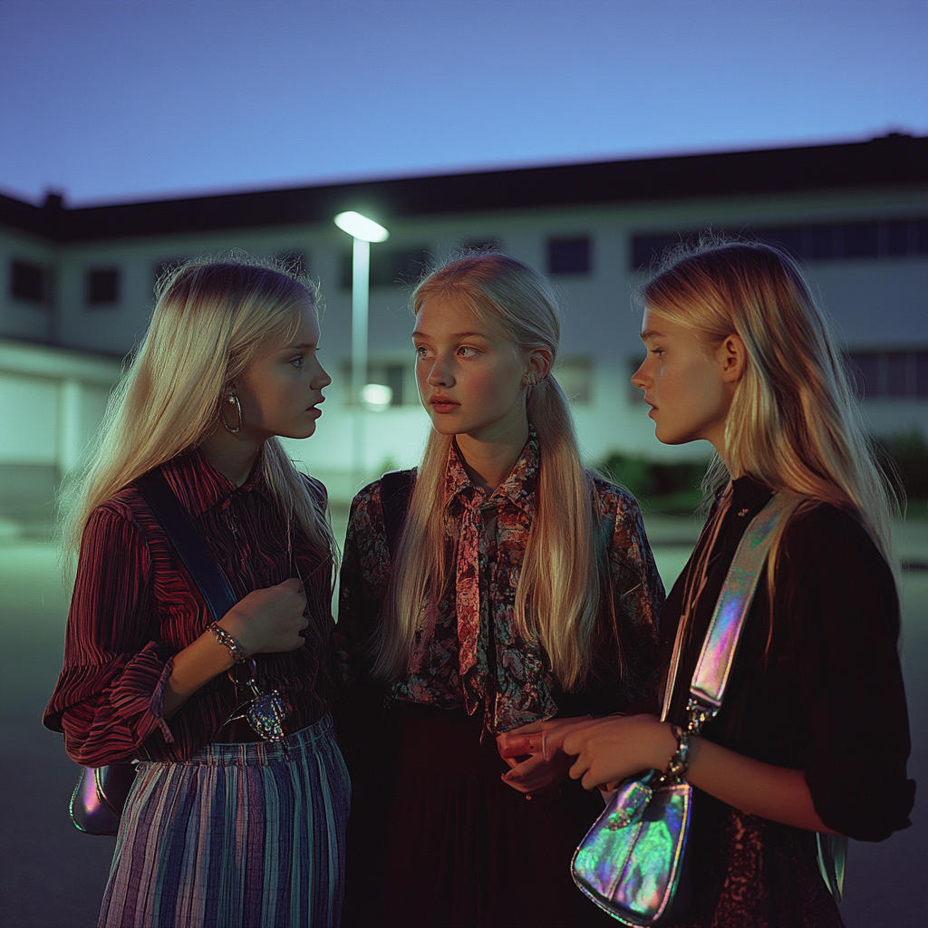 Three scandinavian girls chat outside school at night