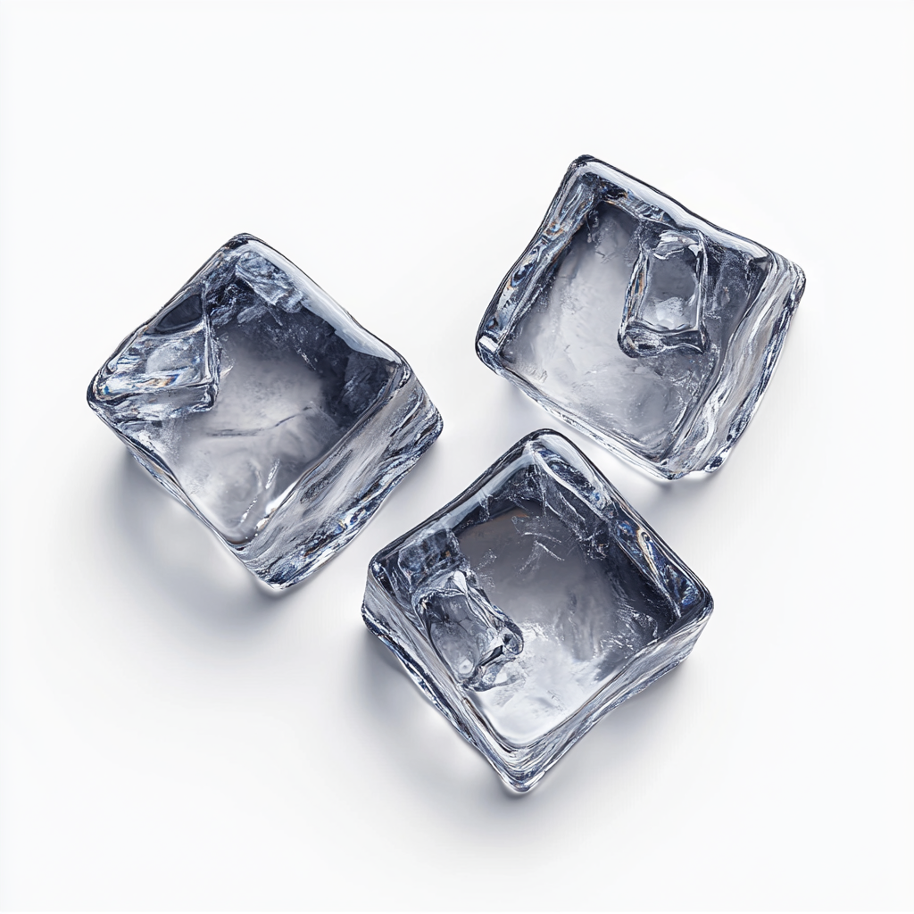 Three separate ice cubes on white background, realistic texture.