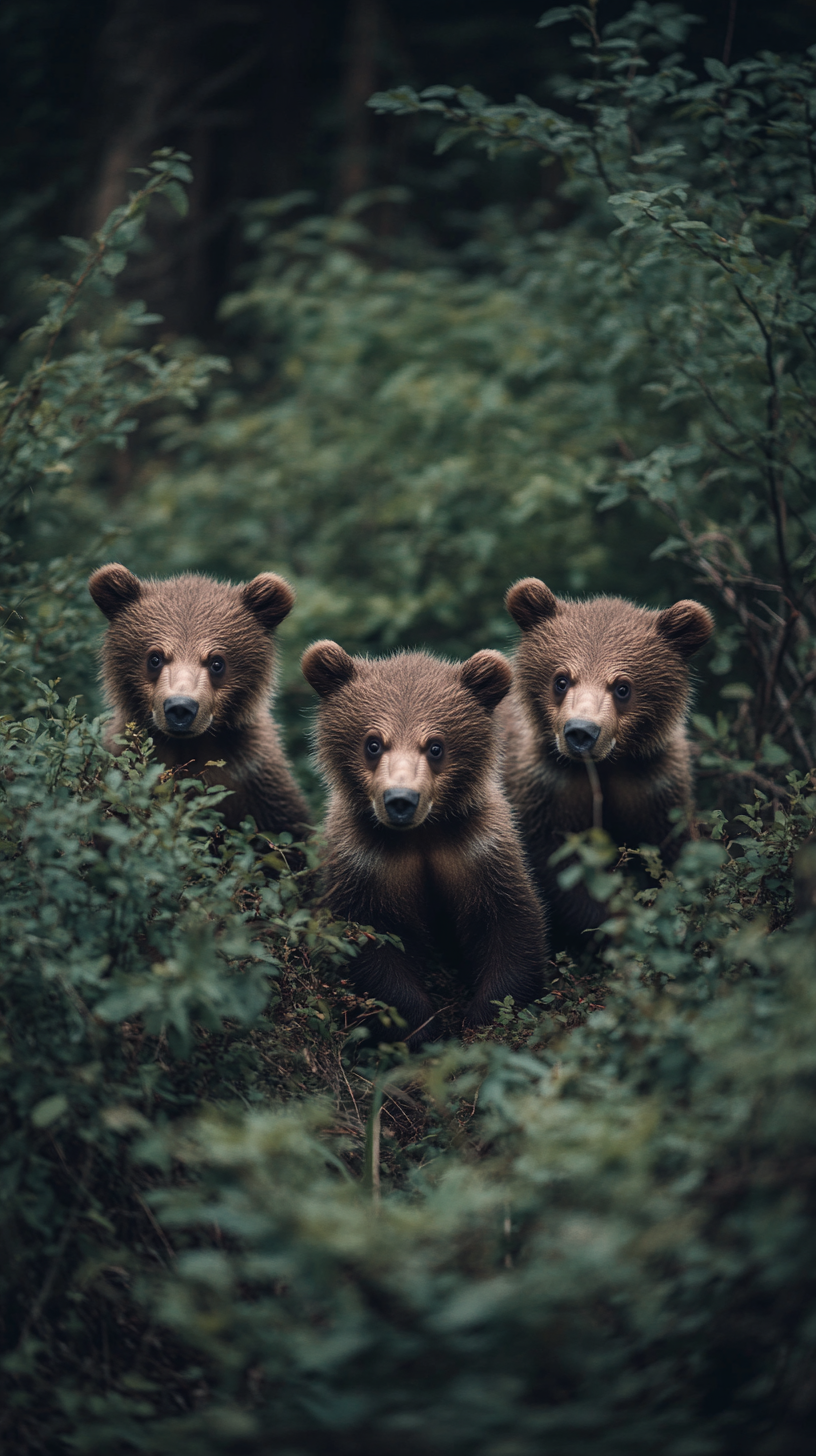 Three small but fierce bear cubs in forest.