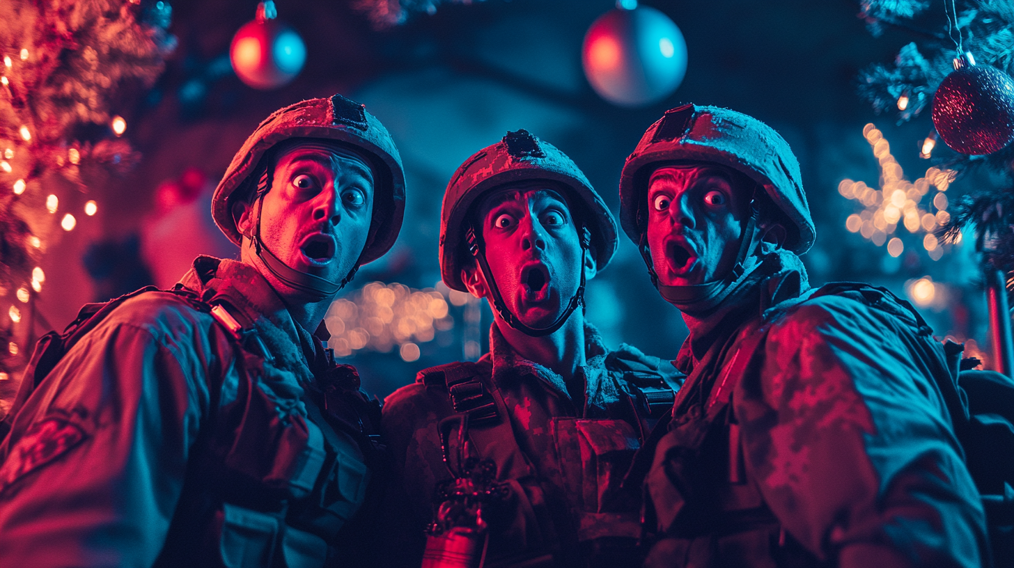 Three soldiers shocked by Christmas decorations on album cover