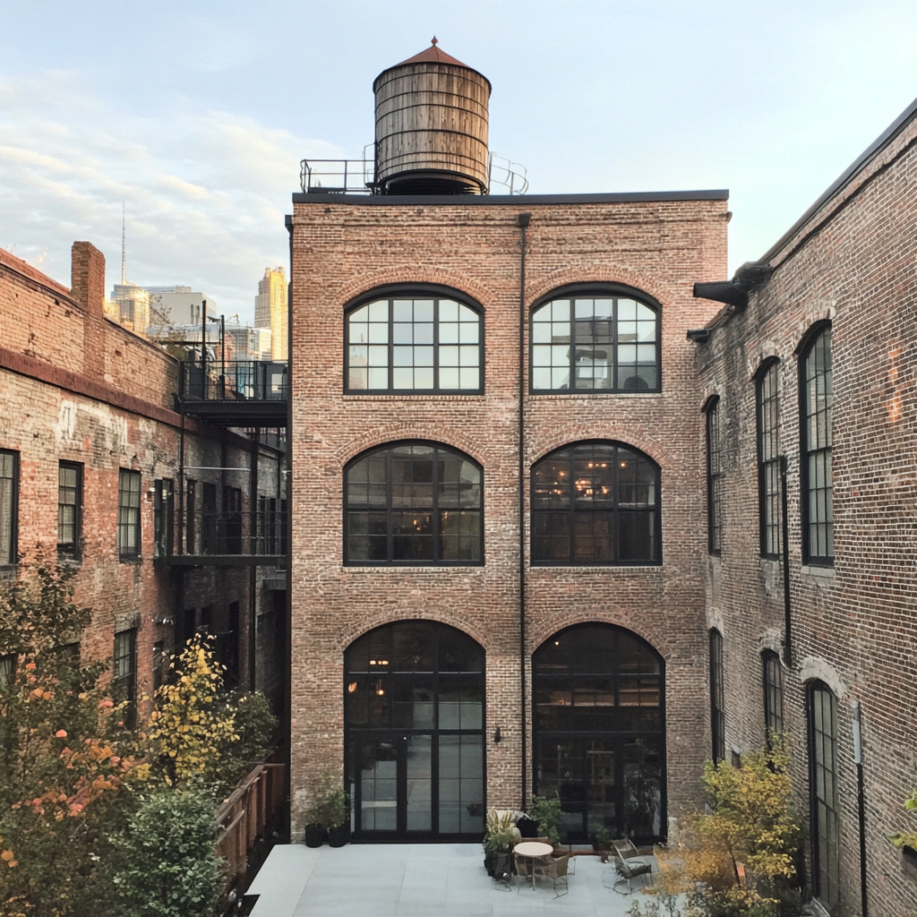 Three-story converted warehouse in NYC with water tower atop.