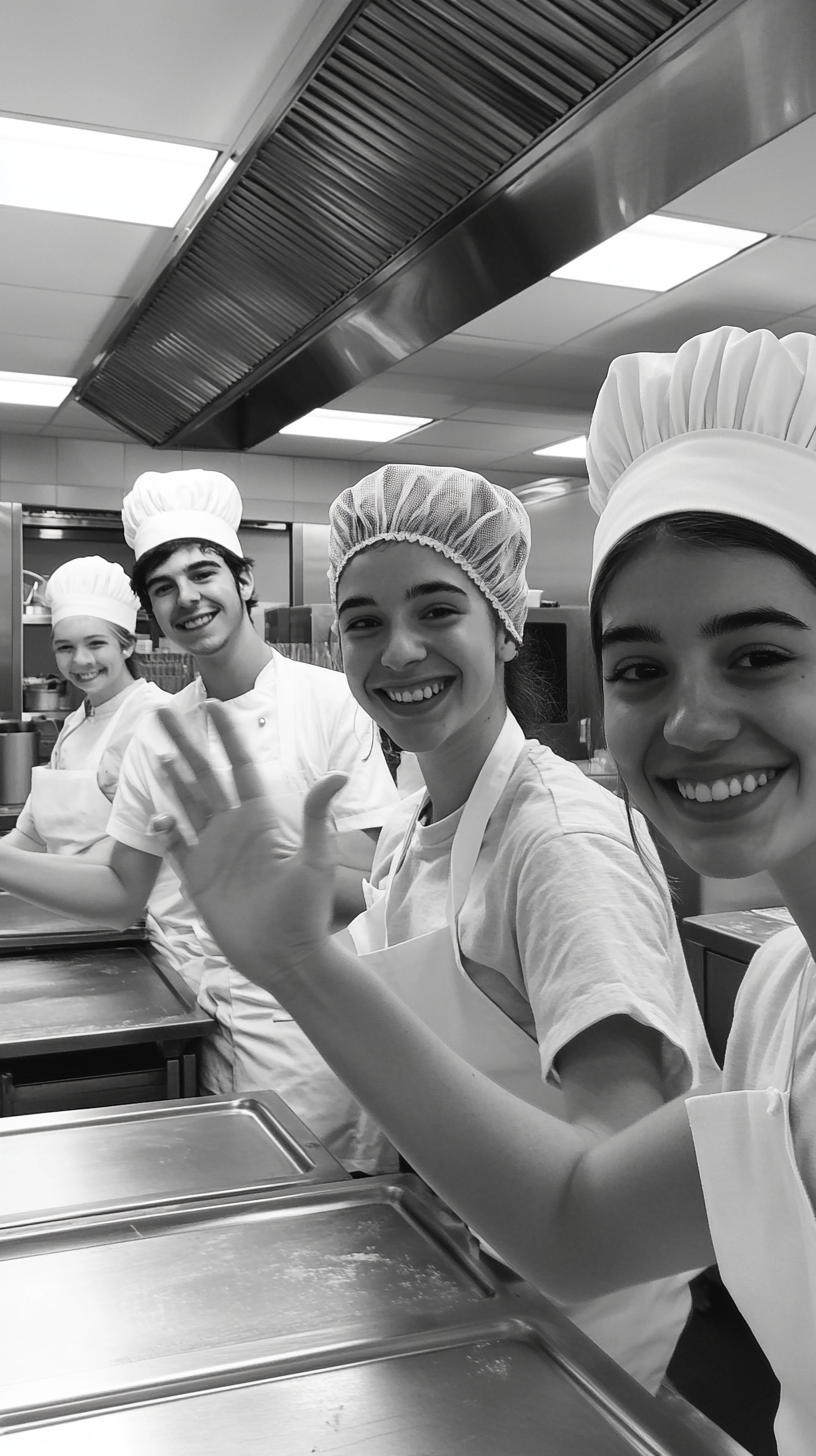 Three student chefs in commercial kitchen, smiling, waving.