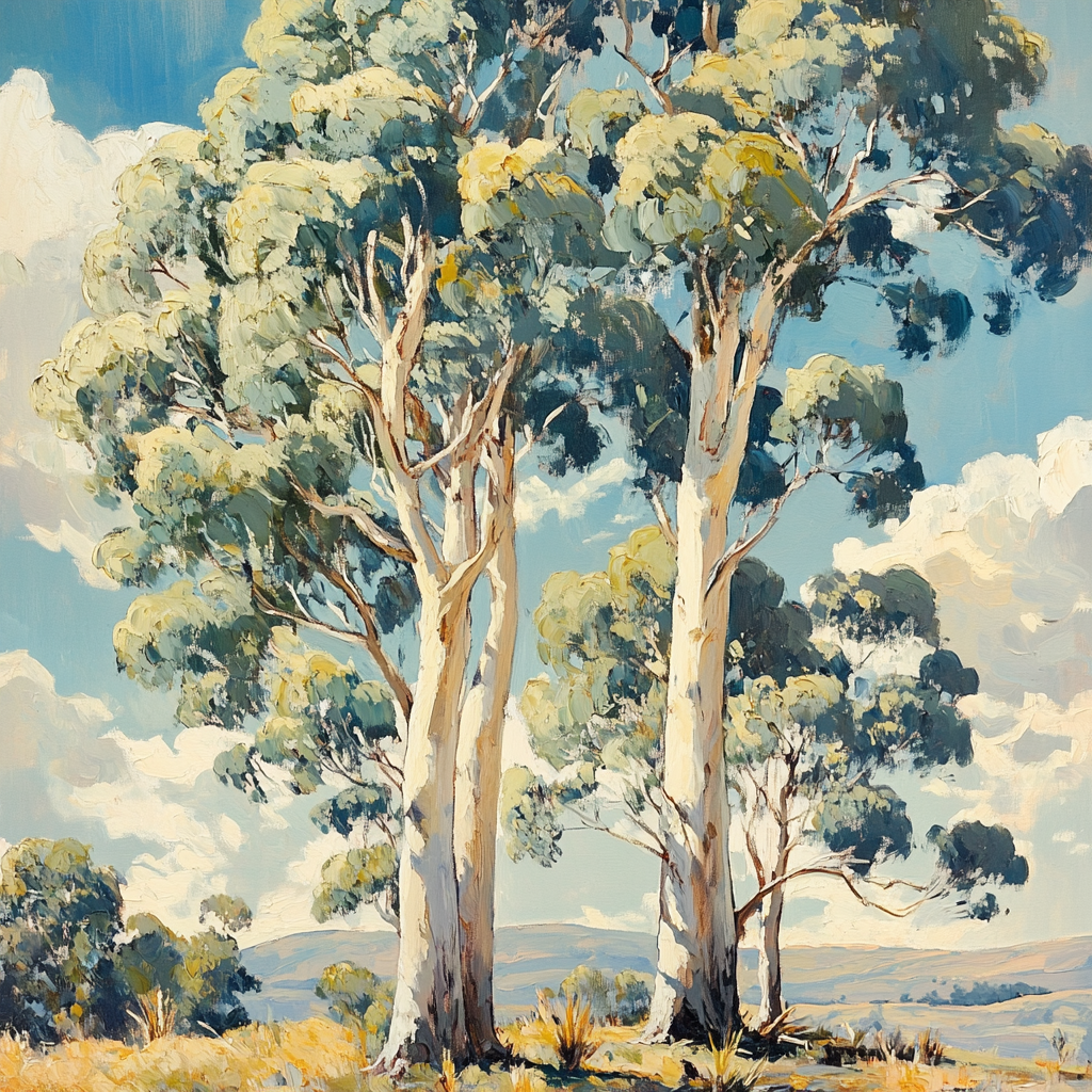 Three tall eucalyptus trees under the sky in a painting.