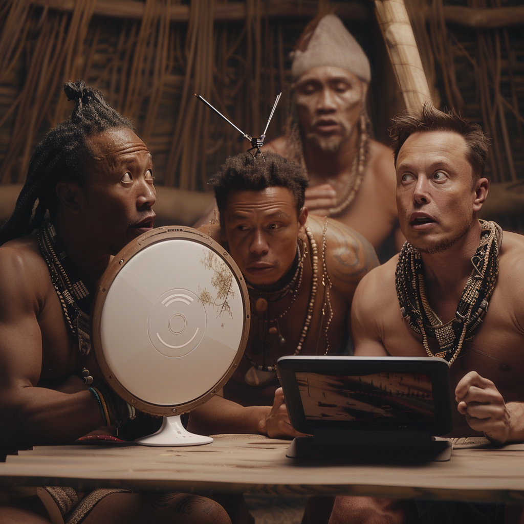 Three tribe members watch tablet with Elon Musk surprised.