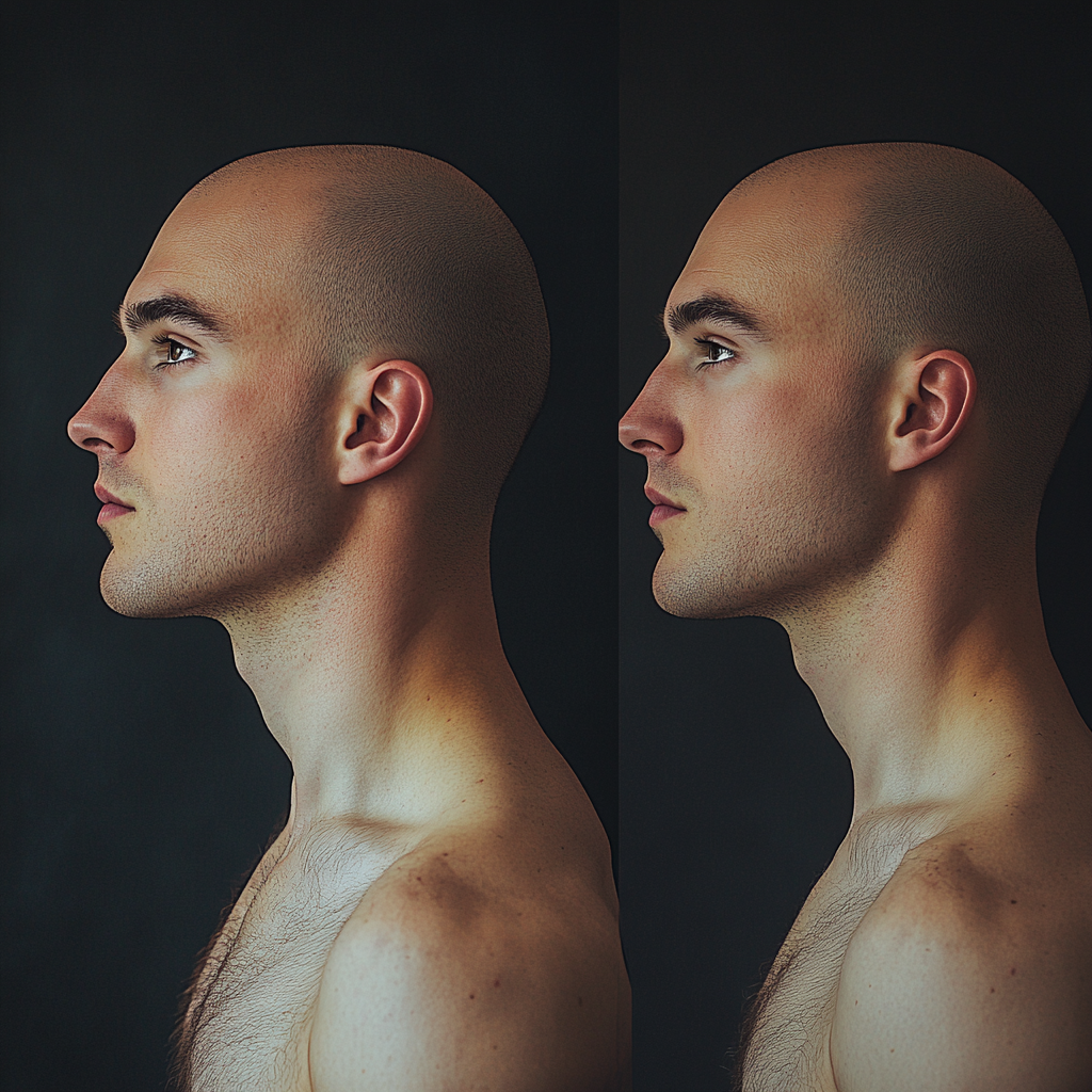 Three views of a bald, slim man