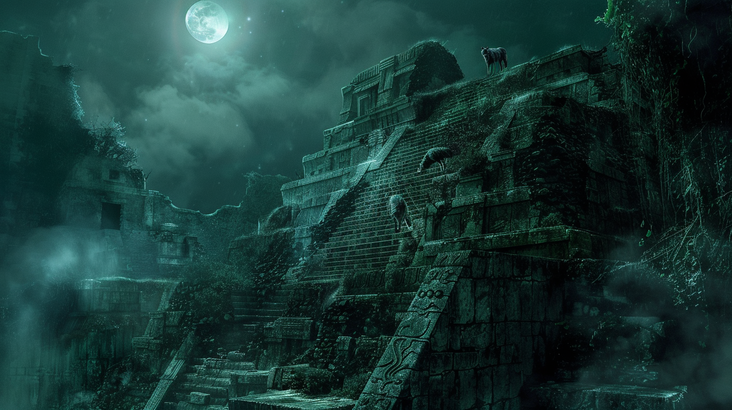 Three werewolves on Mayan pyramid at night. Full moon.