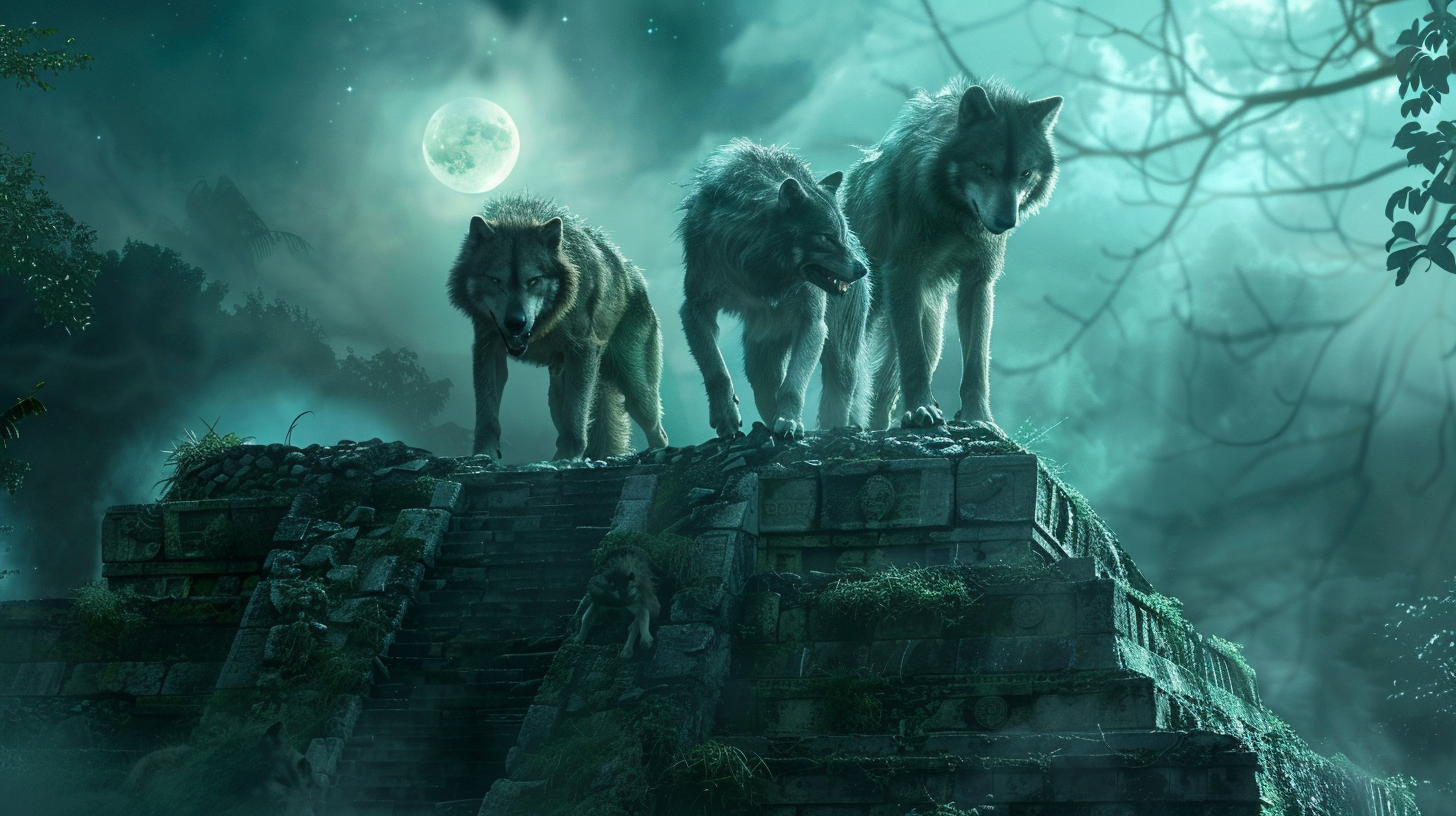 Three werewolves on Mayan pyramid under full moon.