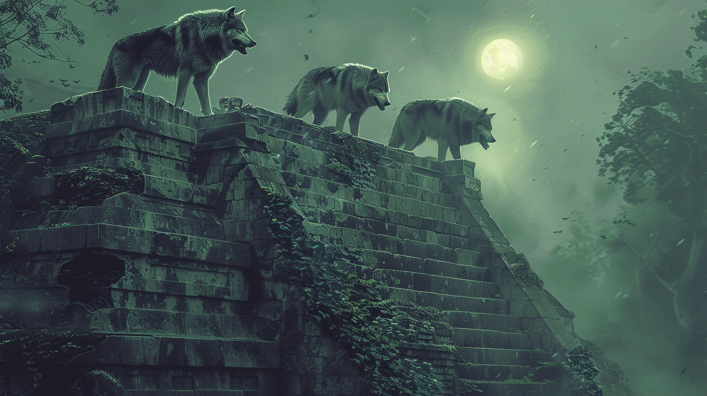 Three werewolves on pyramid, mossy, in moonlit fog.