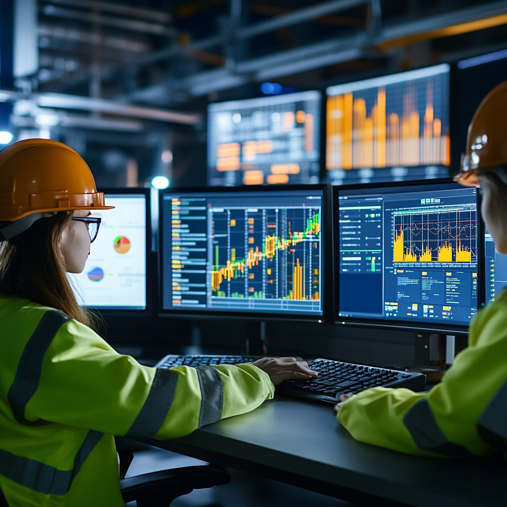 Three women in construction attire with computers showing data.