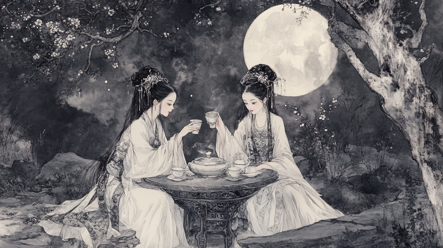 Three young girls in Chinese costumes chatting under moonlit osmanthus tree