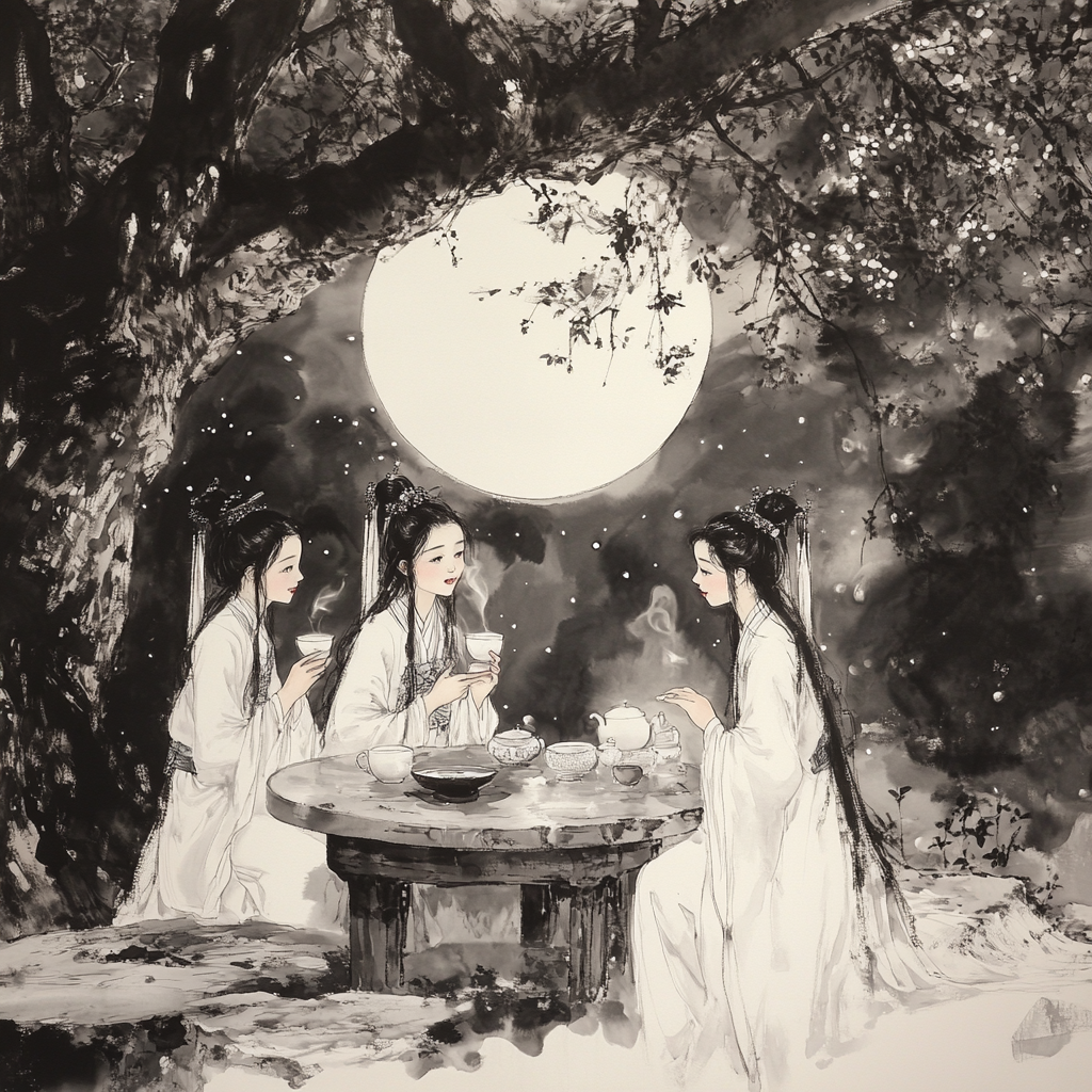 Three young girls in Chinese costumes under osmanthus tree