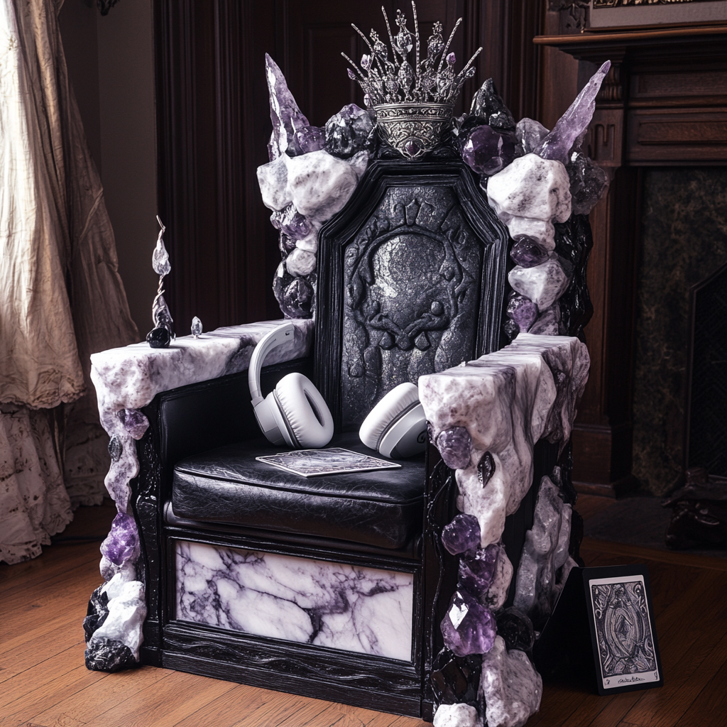 Throne chair with crown, headphones, and tarot deck.