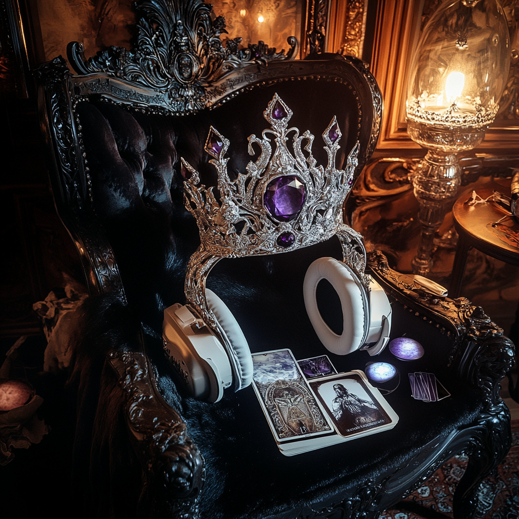 Throne chair with silver crown, headphones, and tarot deck.