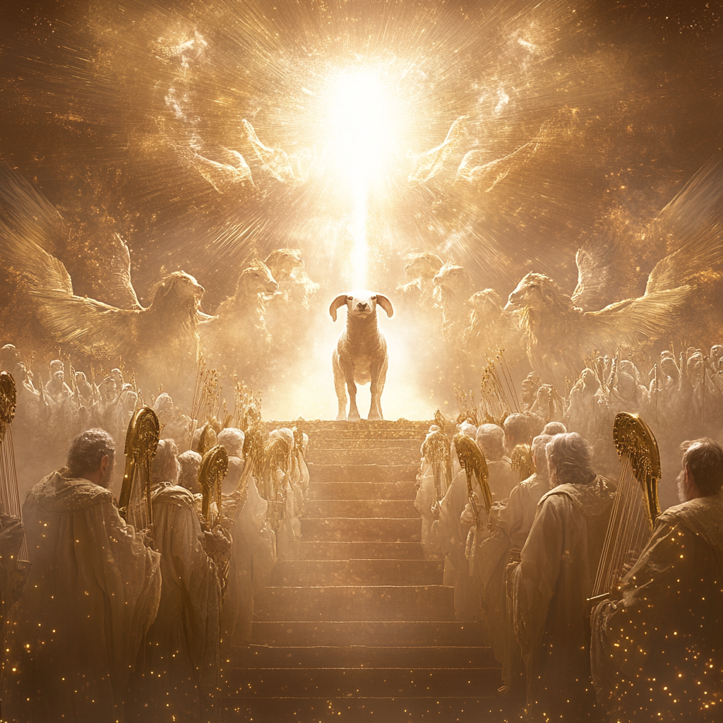 Thumbnail depicting Revelation 5 heavenly throne room worship.