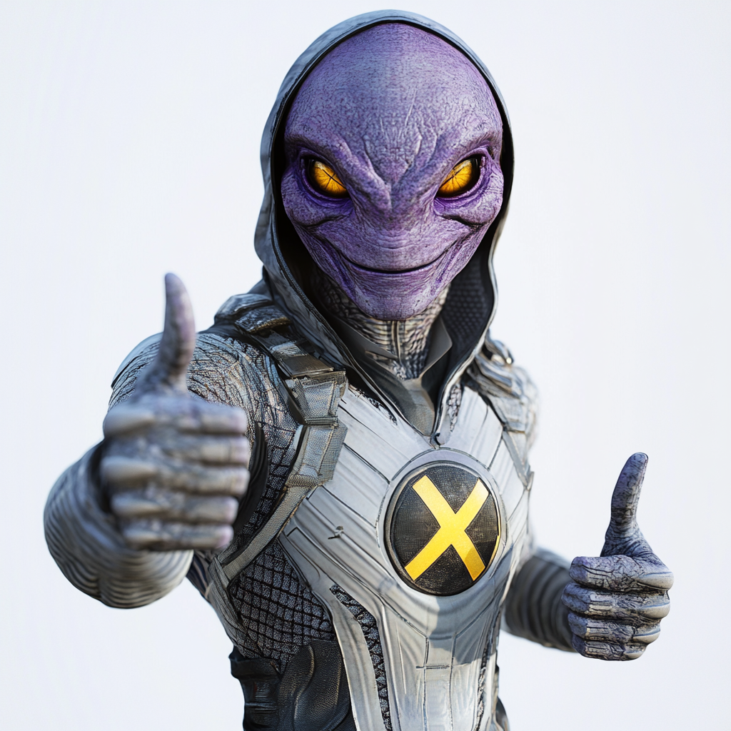 Thumbs up from grey alien in high tech armor.