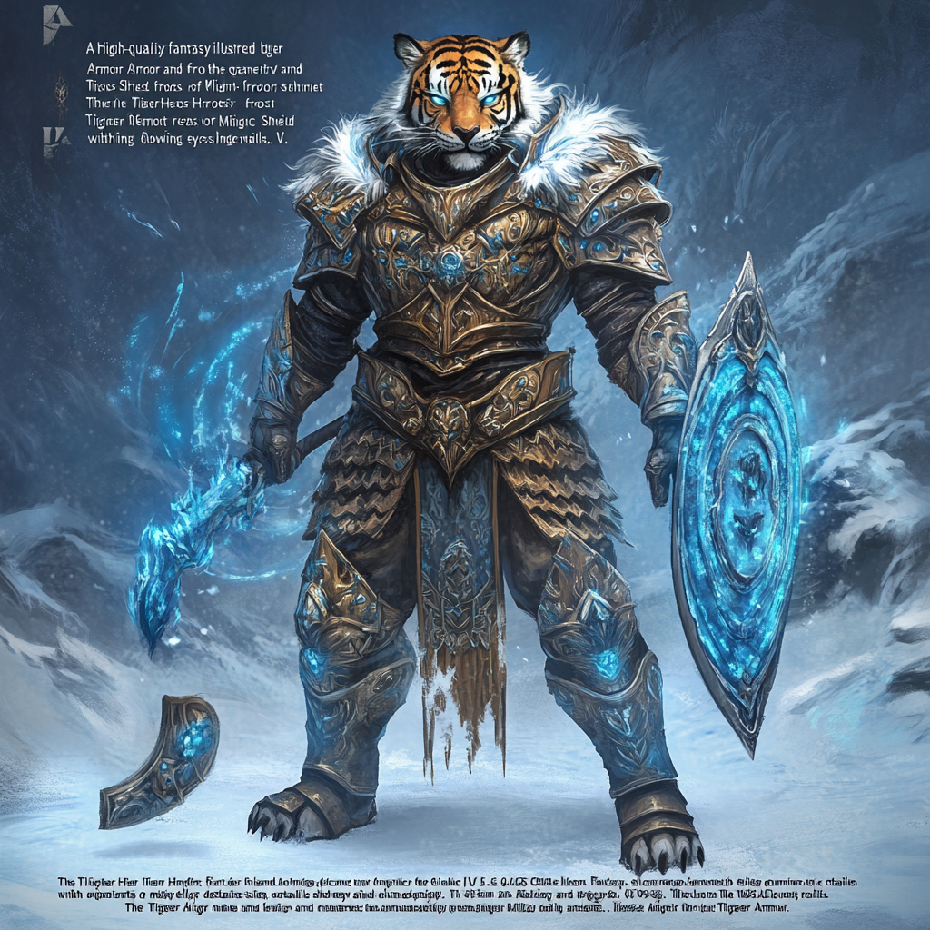 Tiger Helmet, Armor, and Frost Shield fantasy illustration.