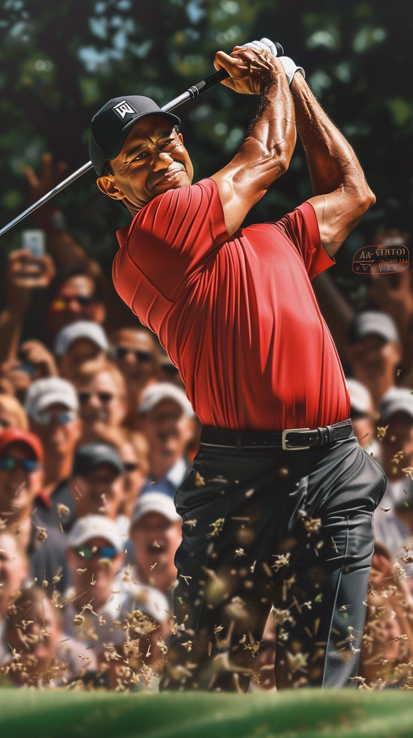 Tiger Woods hits flop shot near green with crowd watching.