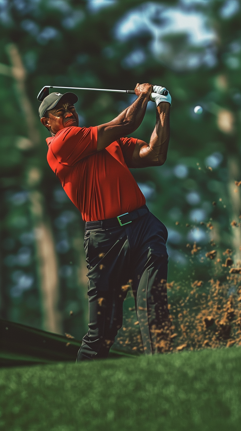 Tiger Woods hits perfect flop shot on sunny golf course.