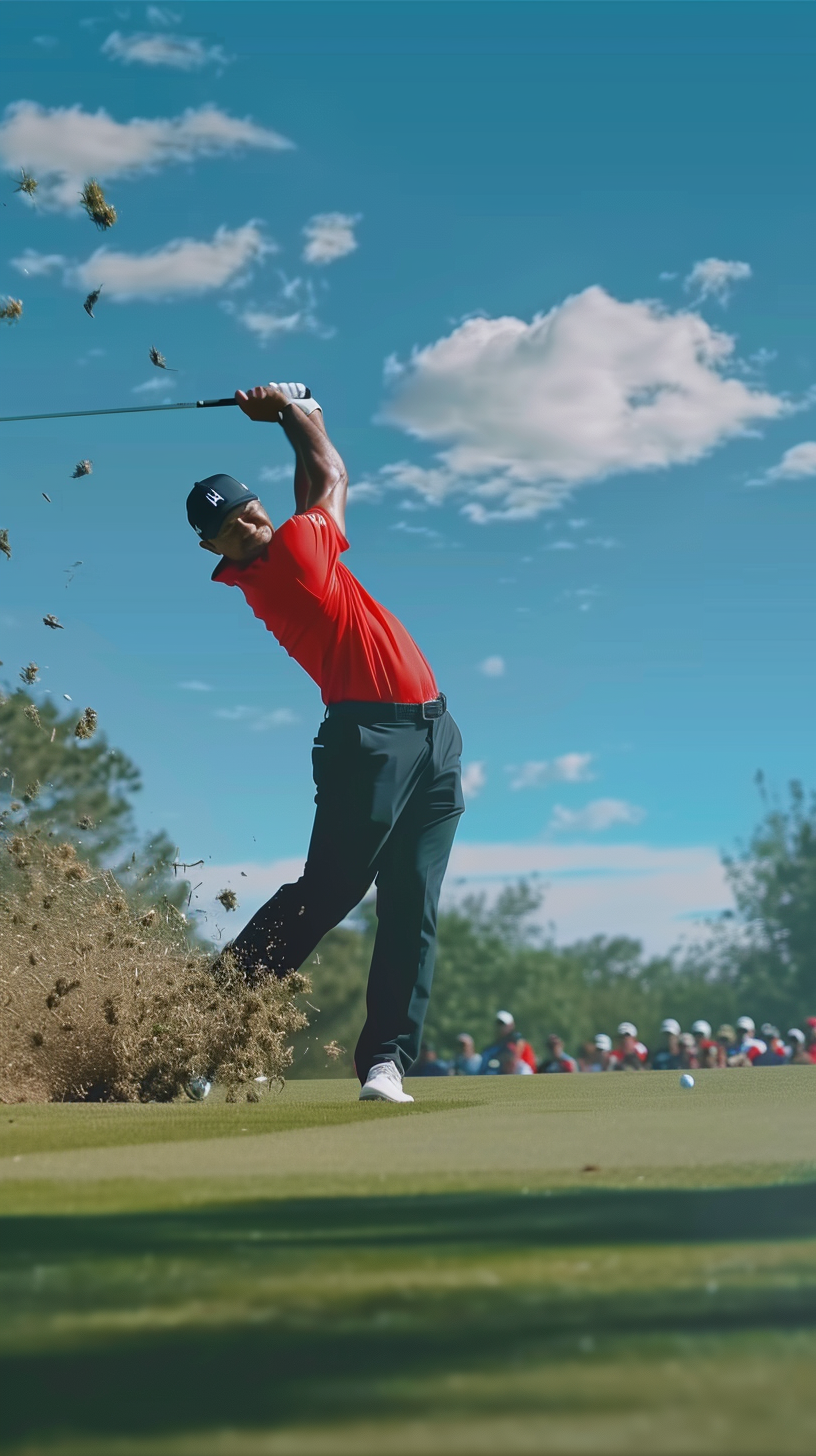 Tiger Woods hitting perfect flop shot on sunny golf course