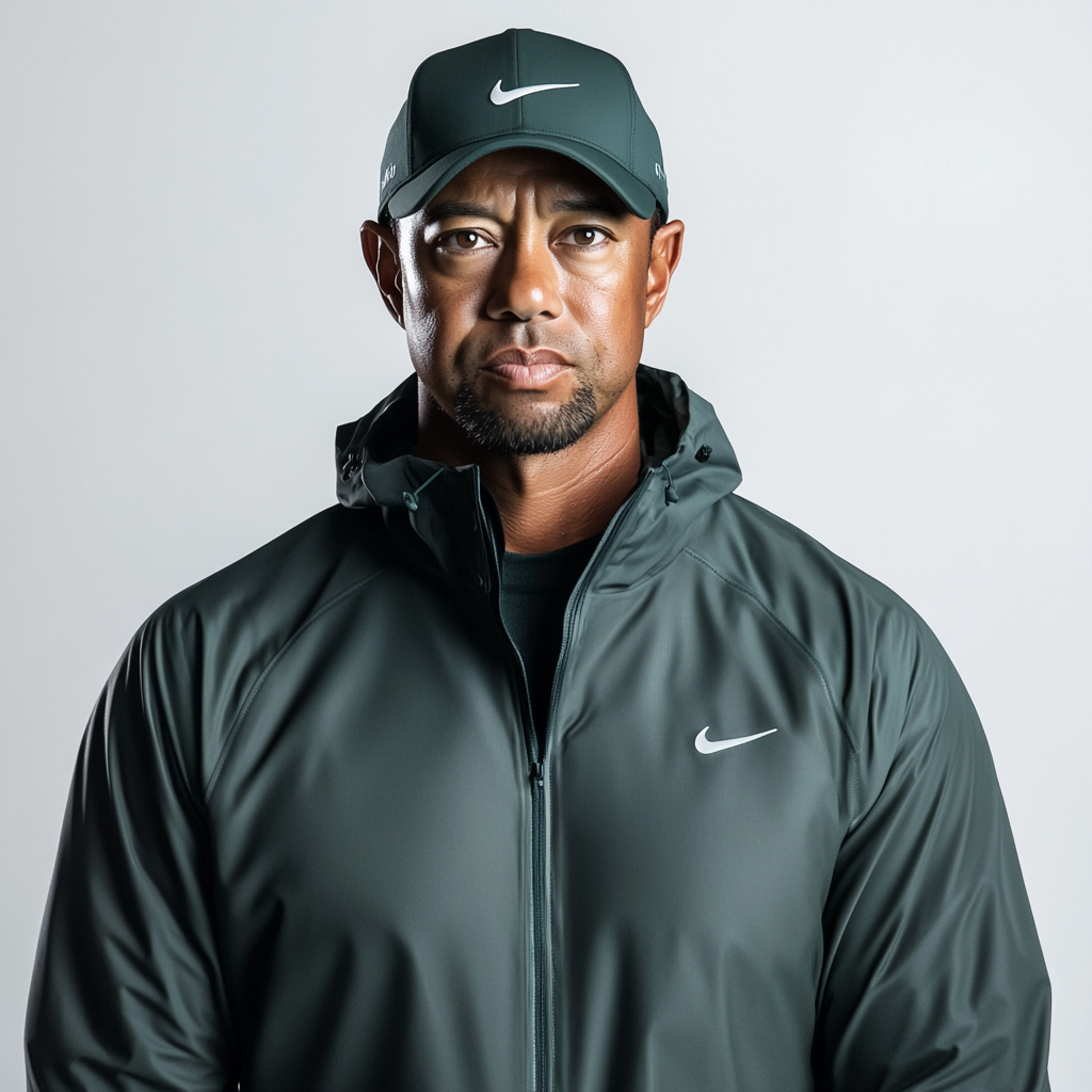 Tiger Woods in stylish golf rain jacket on set.