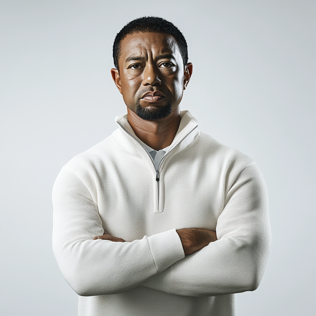 Tiger Woods in white sweater, arms crossed in studio.