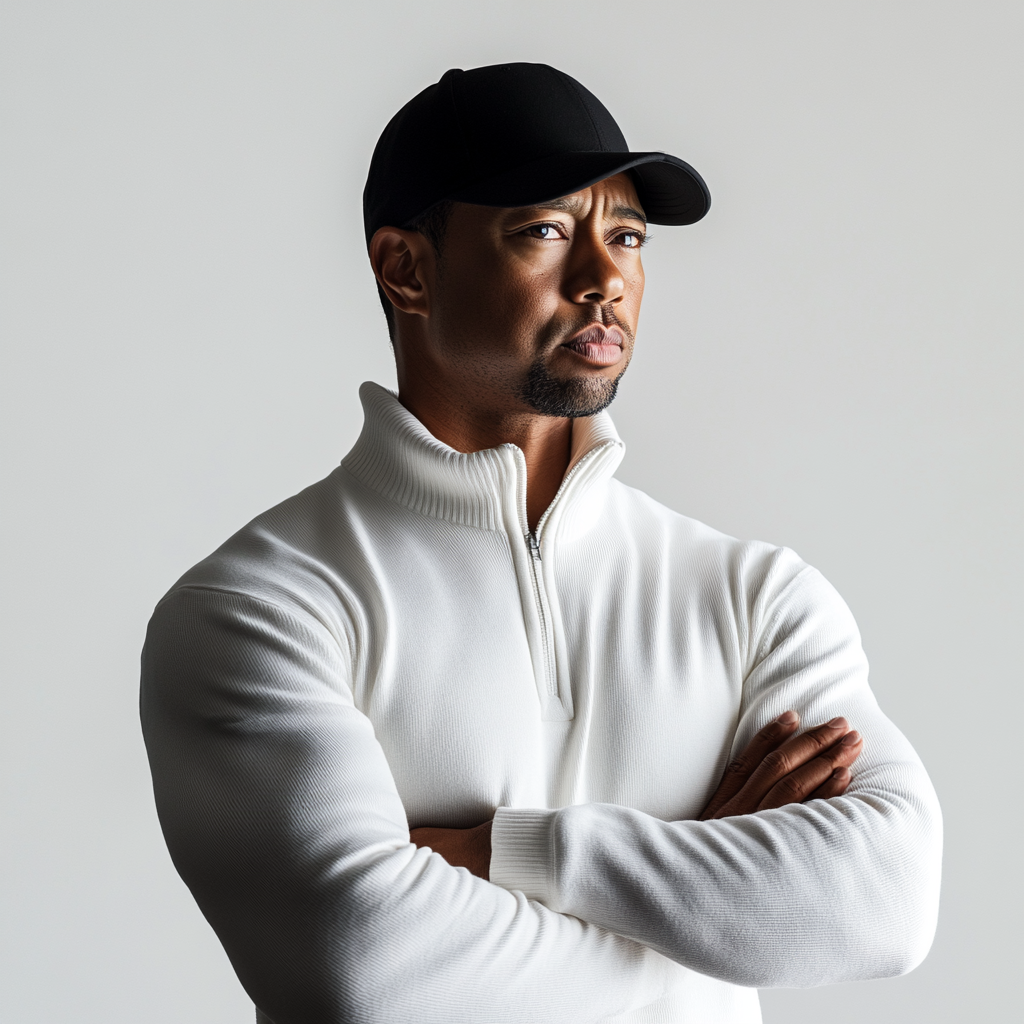 Tiger Woods standing in studio with arms crossed.