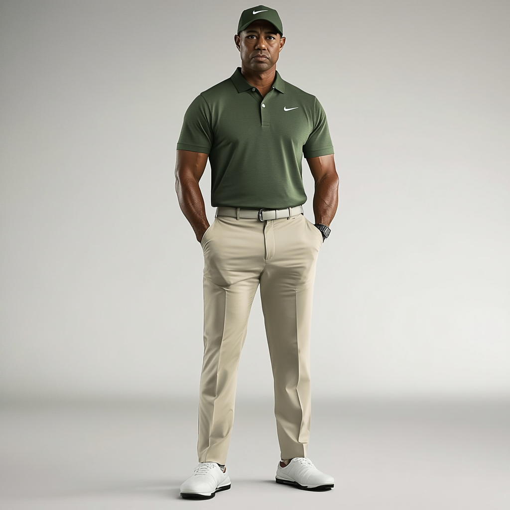 Tiger Woods wearing golf clothes in studio shoot.