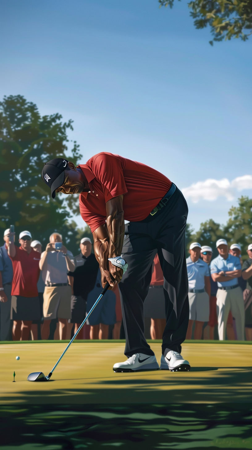 Tiger Woods wearing red shirt plays precise flop shot.